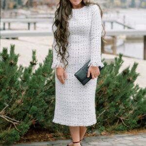 Dainty Jewell’s Winter Vogue White Long Sleeve Modest Tweed Dress with fringe